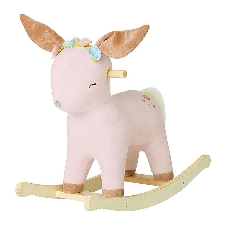 Kids Soft Solid Wooden Plywood Cute Plush Toy Deer Baby Girl Rocking Horse for Outdoor Playground