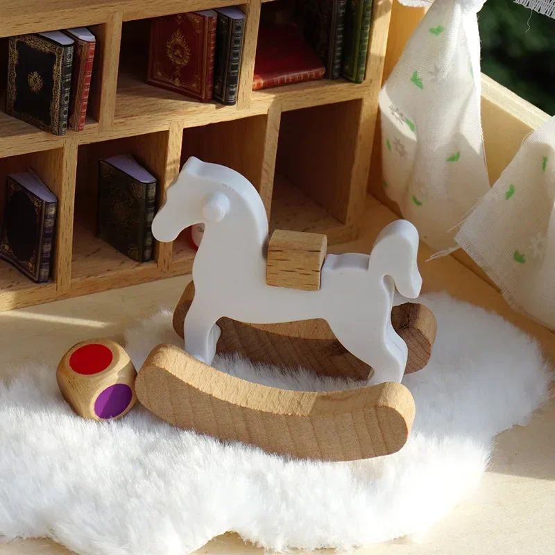Mini Wooden Horse Toy Model Doll Decorative Accessories Simple Small Wooden Horse Rocking Horse Dollhouse Ornaments Home Decor