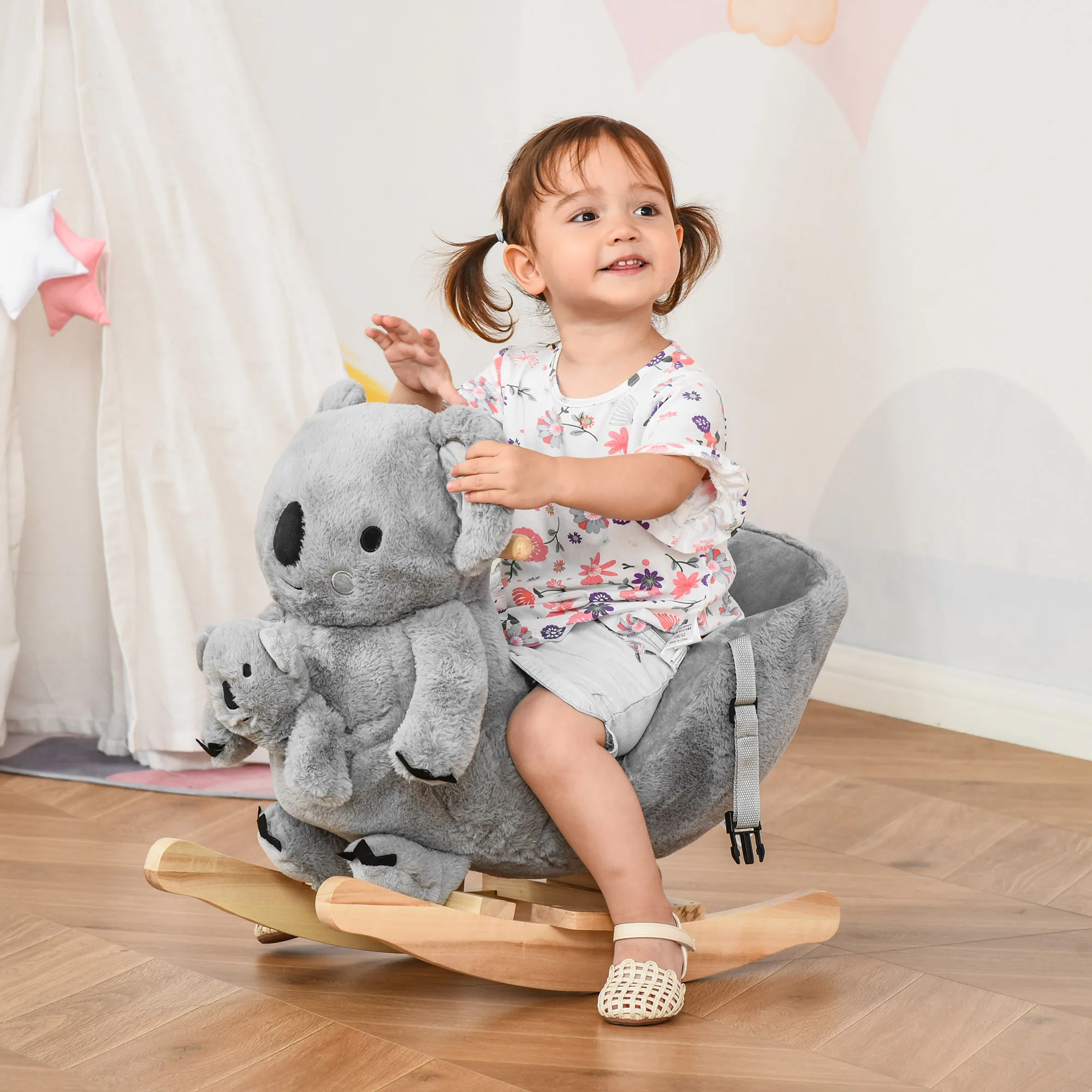 HOMCOM Kids Plush Ride-On Rocking Horse Koala-shaped Toy w/ Gloved Doll Grey