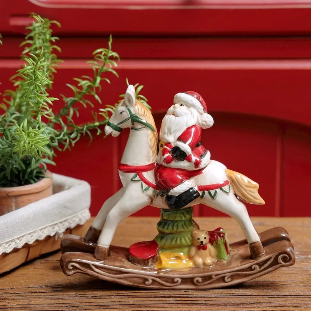 American Santa Claus Rocking Horse Ceramic Ornaments Living Room Bedroom Desktop Character Furnishings Crafts Christmas Gifts