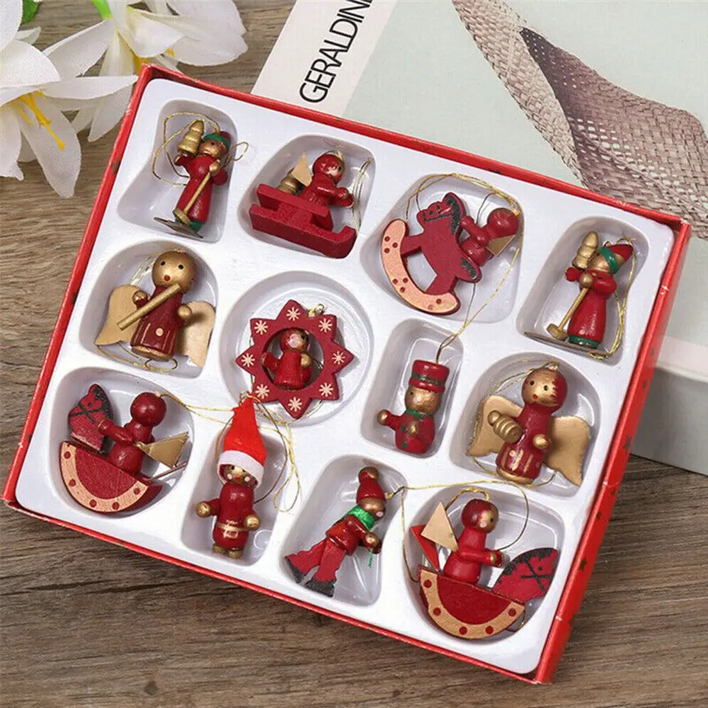 12pcs Traditional Wooden Christmas Tree Decorations Xmas Hanging Ornament Figurines Rocking Horse Drum Toys Angel