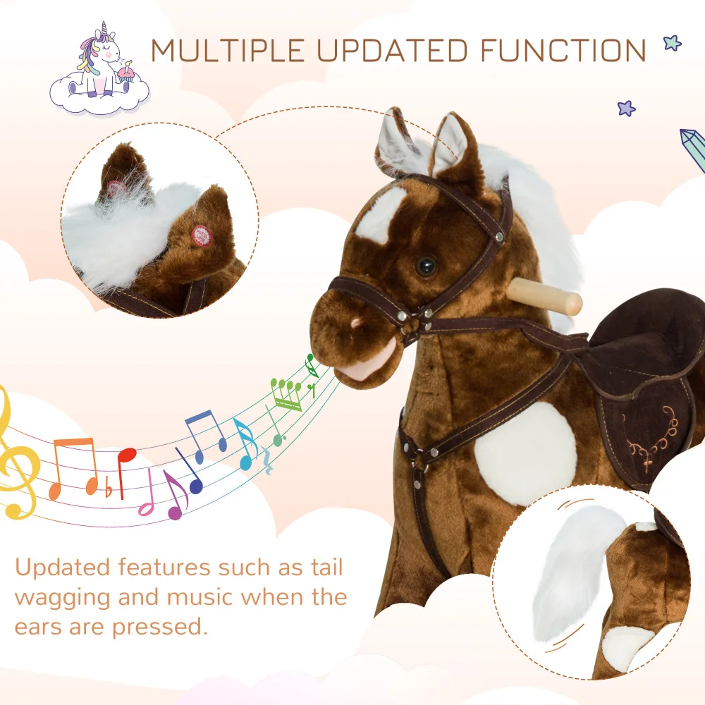 Kids Metal Plush Ride-On Rocking Horse Chair Toy With Nursery Rhyme Music - Dark Brown - 图片 3