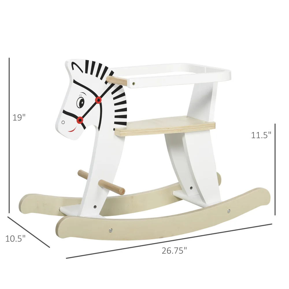 Wooden Rocking Horse Toddler Baby Ride-on Toys for Kids 1-3 Years with Classic Design & Wood Safety Bar, White - 图片 3