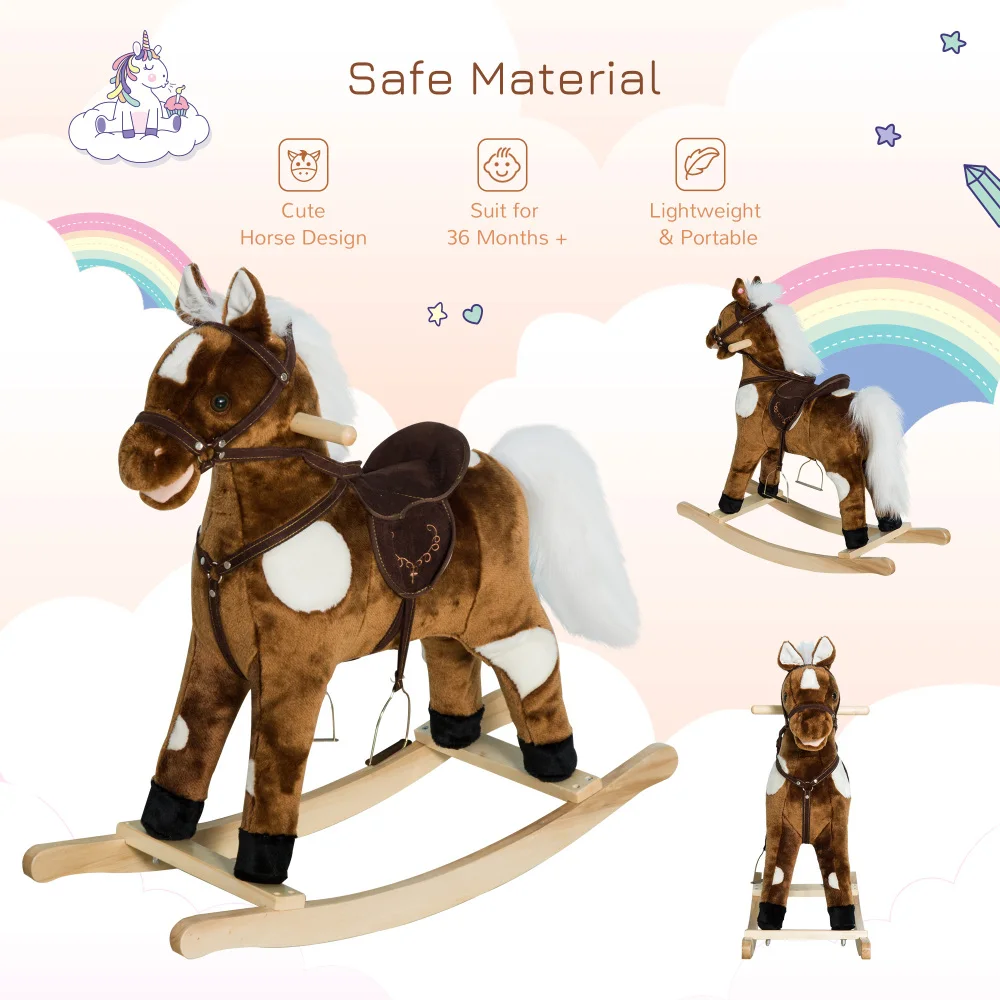 Kids Metal Plush Ride-On Rocking Horse Chair Toy With Nursery Rhyme Music - Dark Brown - 图片 6