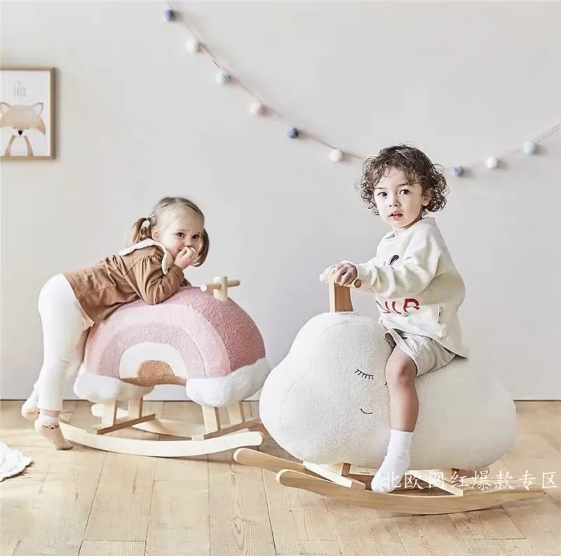 Korean INS children rocking horse baby rocking horse toy cloud wooden horse rocking chair baby's first birthday gift - 图片 2