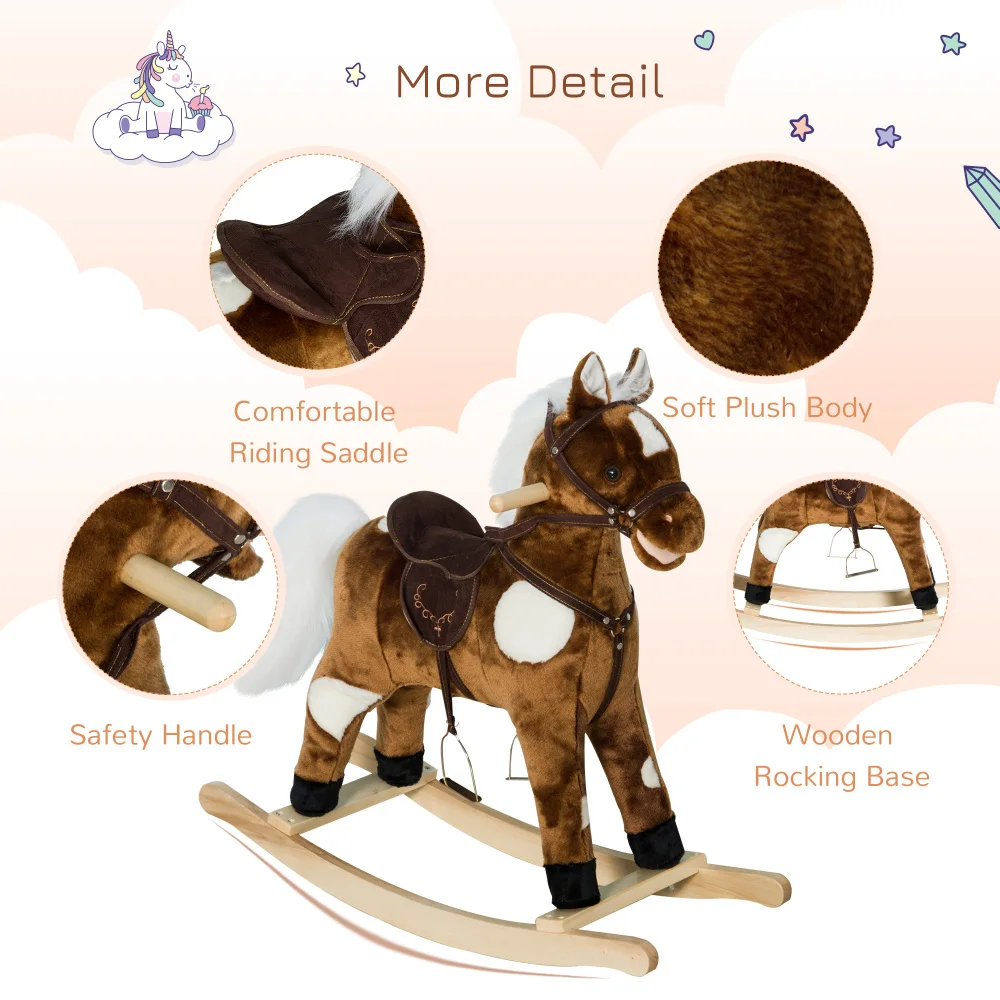 Kids Metal Plush Ride-On Rocking Horse Chair Toy With Nursery Rhyme Music - Dark Brown - 图片 5
