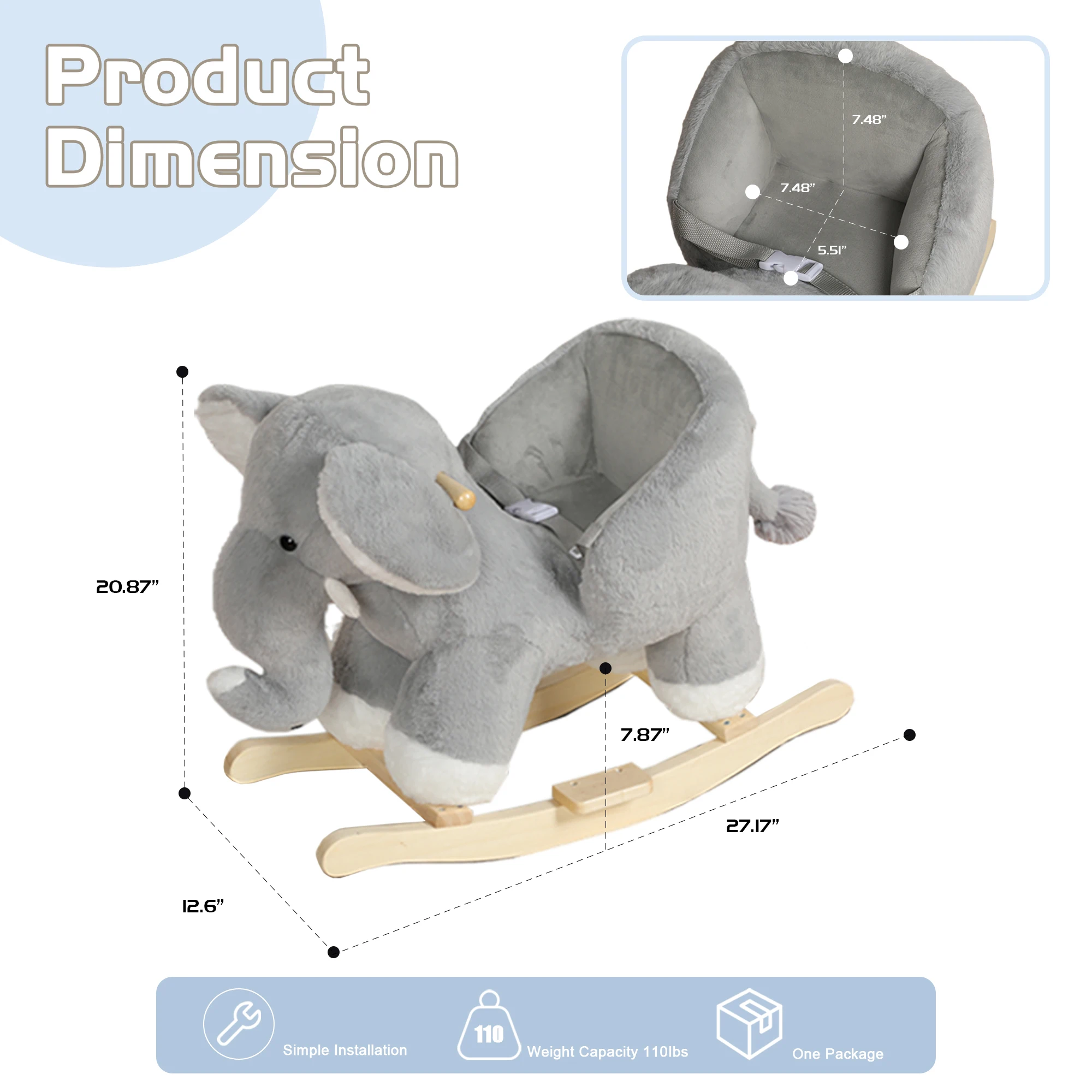 Kids Ride-On Rocking Horse Toy with Lullaby Song,Elephant Rocking Toy with Hand Puppets and Safety Belt For Children 1-3 Years - 图片 6