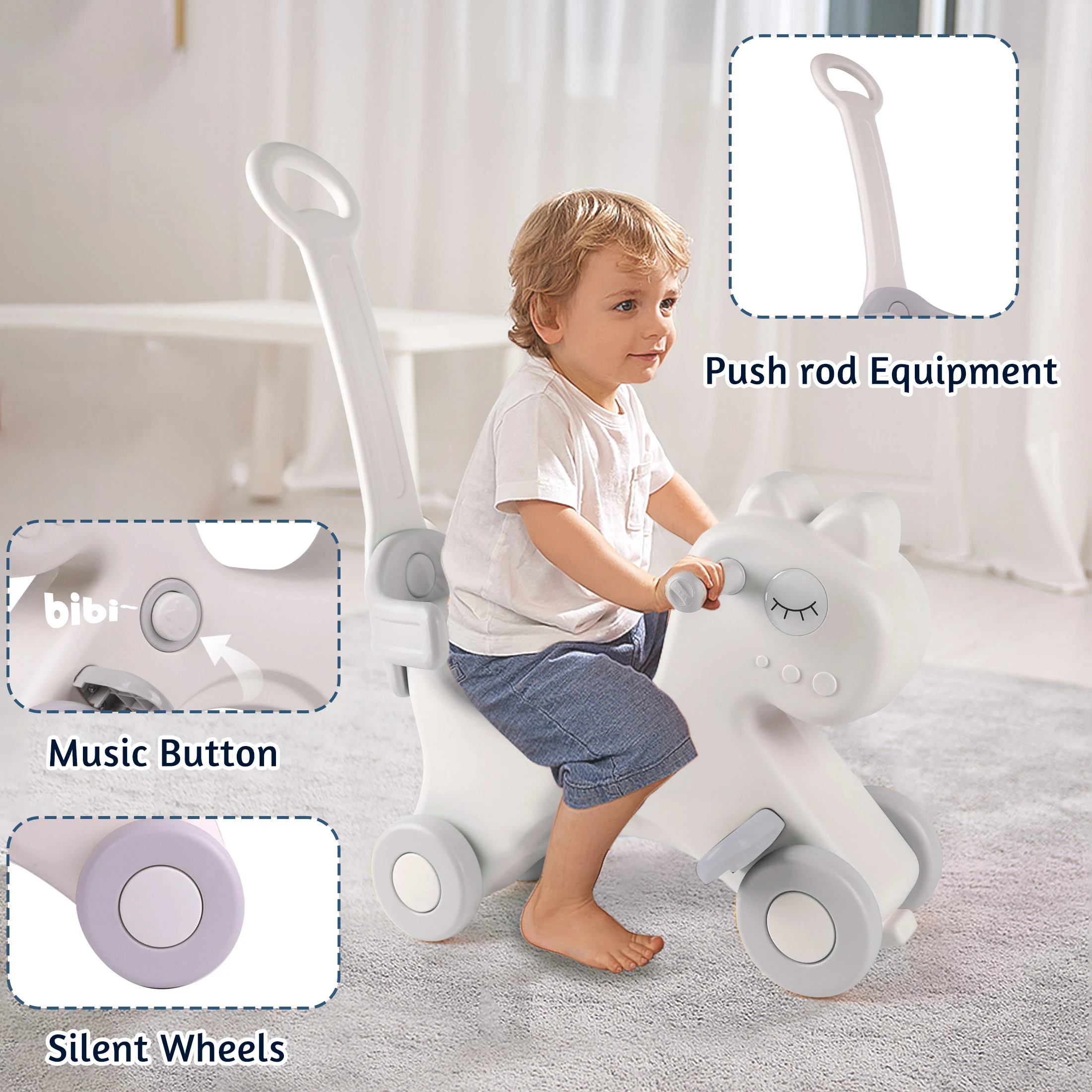 Rocking Horse, Child Safety Push Handle Rocker for Toddlers 1/2/3 Years Old Kids Ride-on Toy Birthday Gift Girl&Boy Swinging Toy - 图片 4