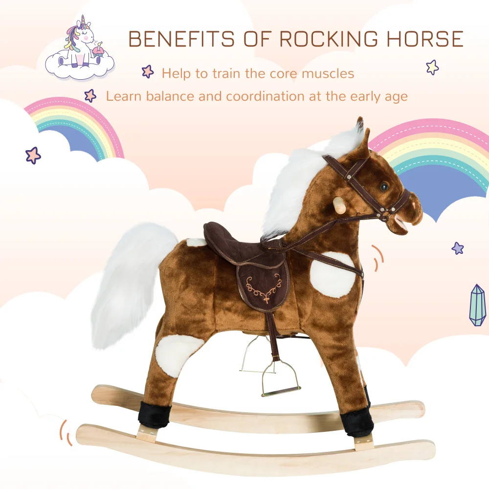 Kids Metal Plush Ride-On Rocking Horse Chair Toy With Nursery Rhyme Music - Dark Brown - 图片 4