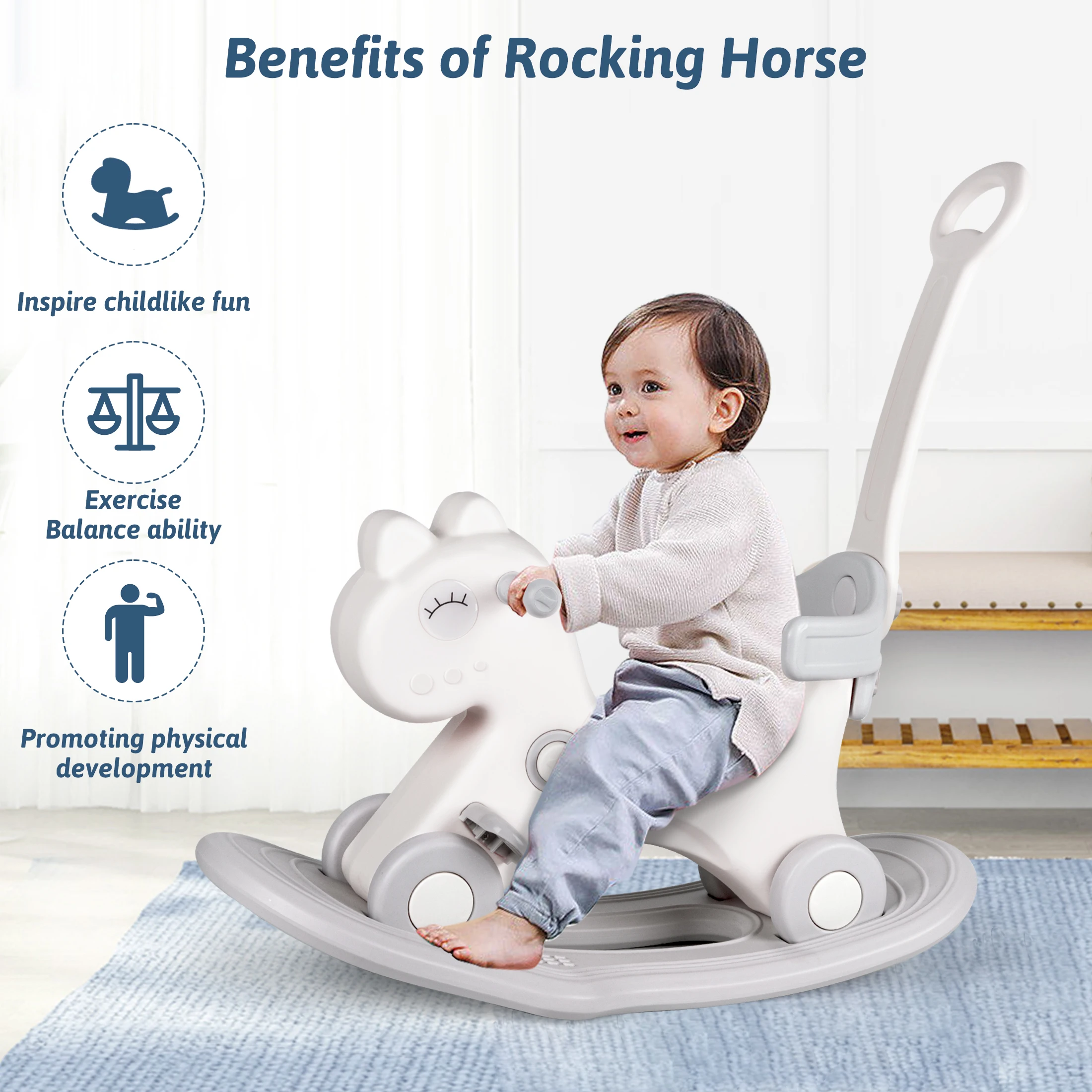 Rocking Horse, Child Safety Push Handle Rocker for Toddlers 1/2/3 Years Old Kids Ride-on Toy Birthday Gift Girl&Boy Swinging Toy - 图片 5